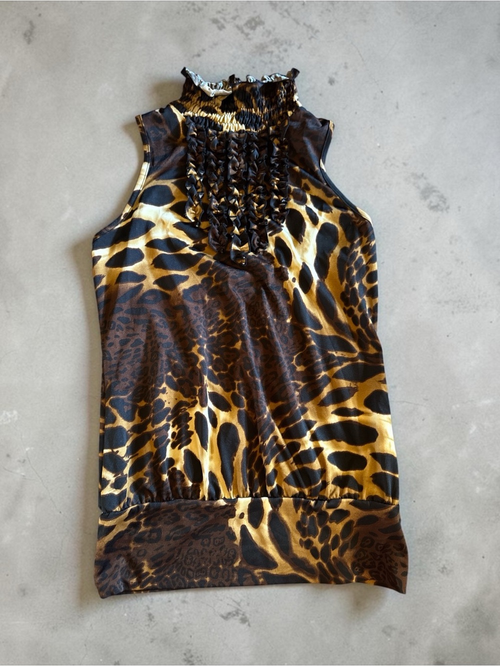 Ava & Grace Gold and Brown Animal Print Ruffled Mock Neck Camisole